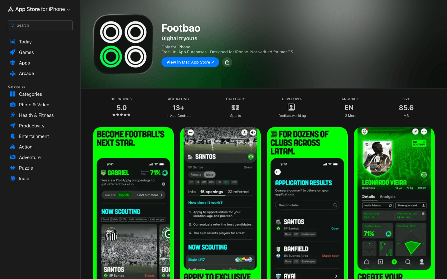 Footbao's App Store listing. It shows the app icon, the subtitle Digital tryouts, the developer footbao.world ag, a 13+ age rating, a 5.0 score from 10 ratings, and the top of four promotional screenshots covering club openings, application results and a player profile.