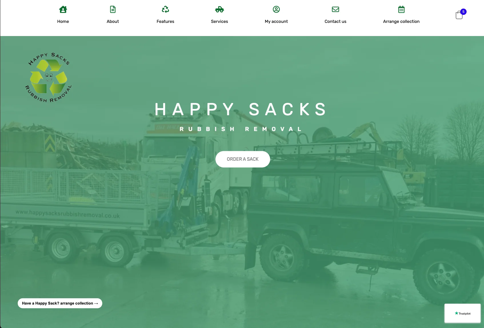 Happy Sacks homepage with an Order a Sack button and navigation for customer accounts and arranging collections.
