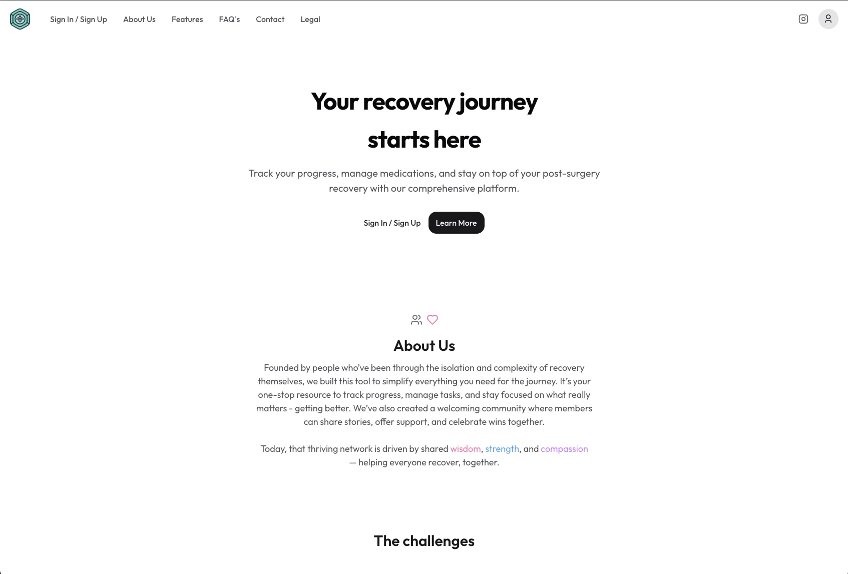 HealHive's original website introducing recovery tracking, with sign-in links and a description of its community.
