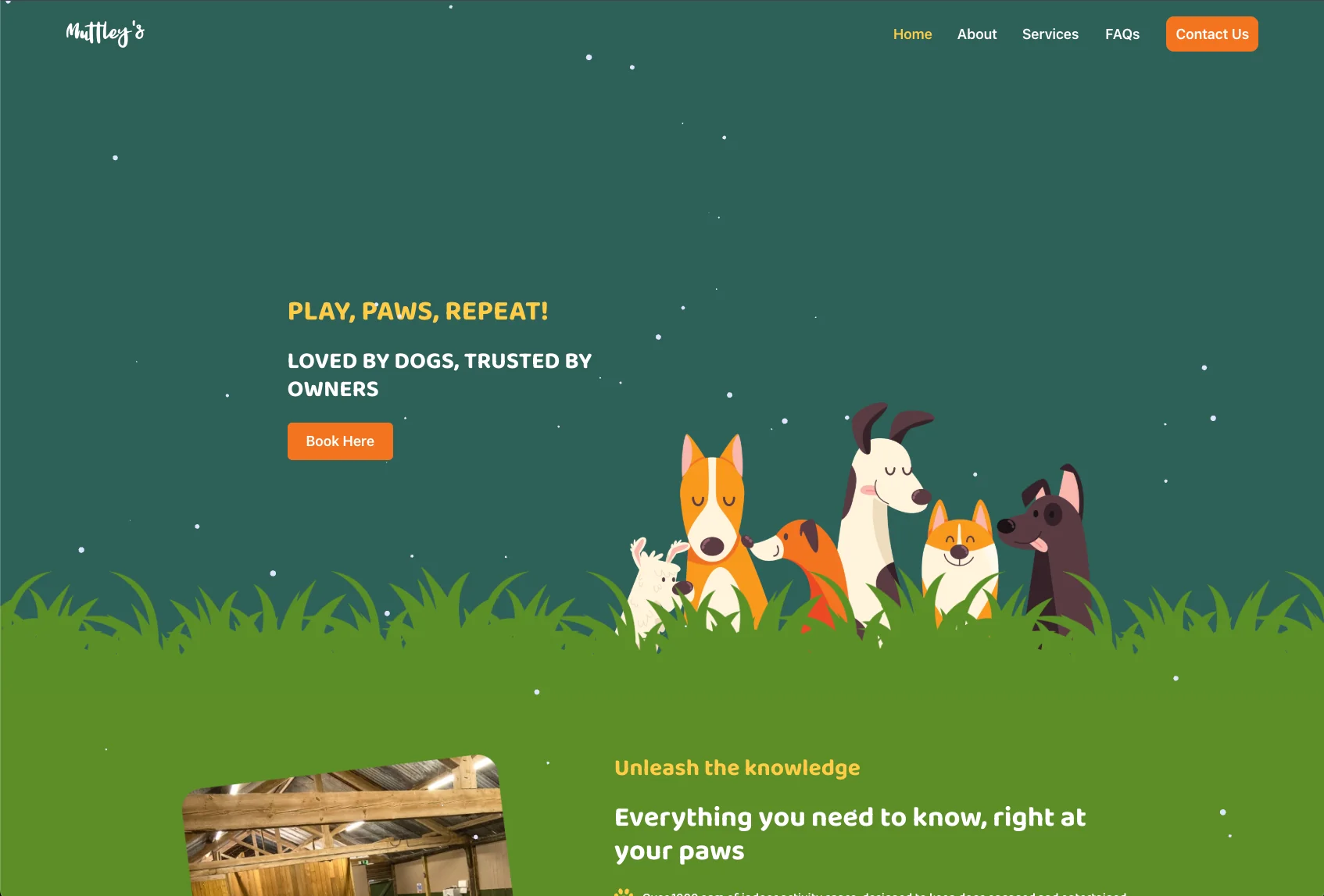 Muttley's green homepage with illustrated dogs, service navigation and a Book Here button.