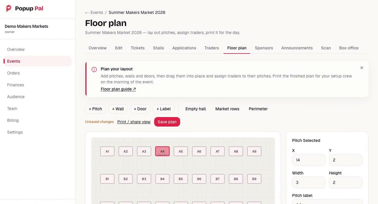 Popup Pal, our own product: the floor plan editor, with a hall laid out as a grid of numbered pitches.