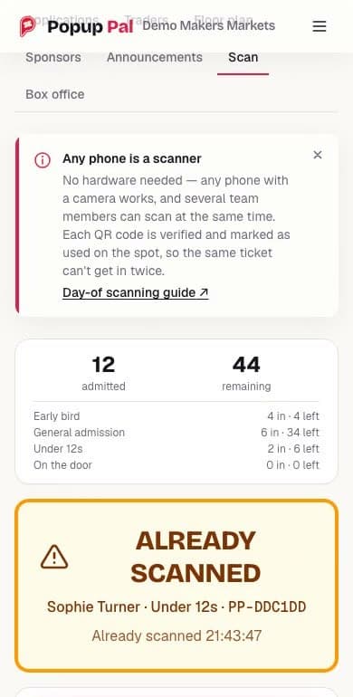 Popup Pal ticket scanning at phone width, showing a ticket that has already been scanned.