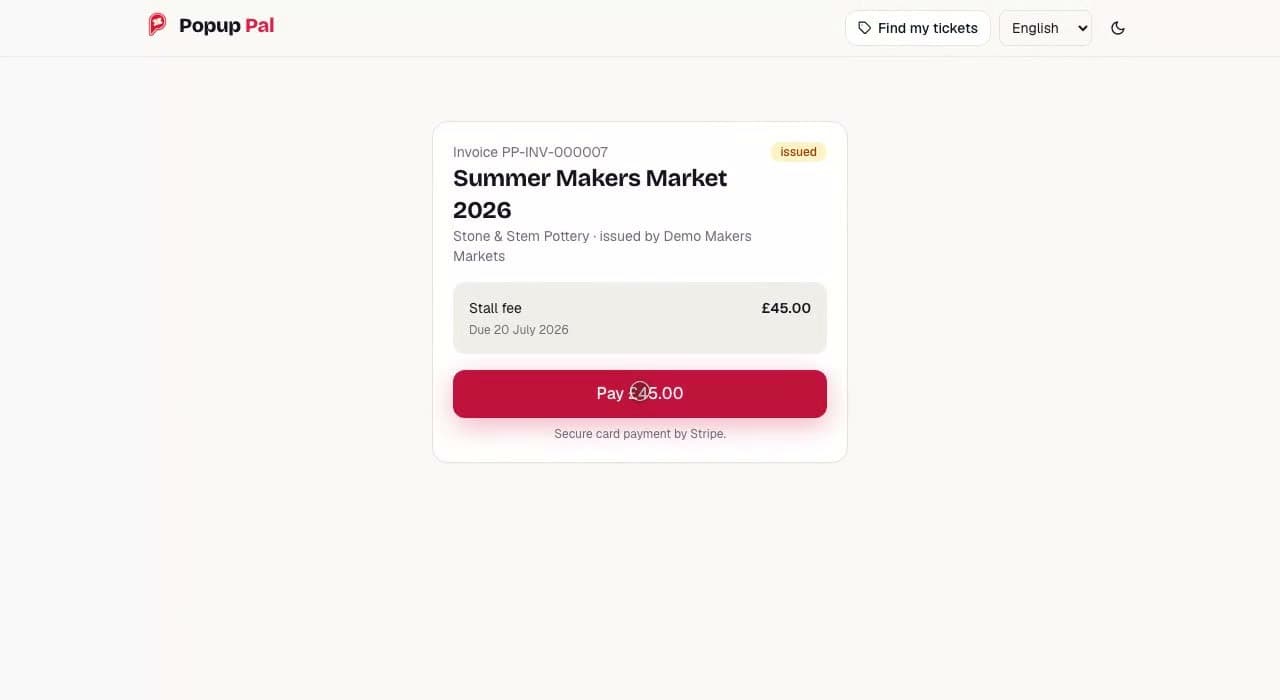 A public invoice page for invoice PP-INV-000007, Summer Makers Market 2026, marked issued. It shows a stall fee of £45.00 due 20 July 2026 for Stone & Stem Pottery, issued by Demo Makers Markets, a Pay £45.00 button and the line Secure card payment by Stripe.